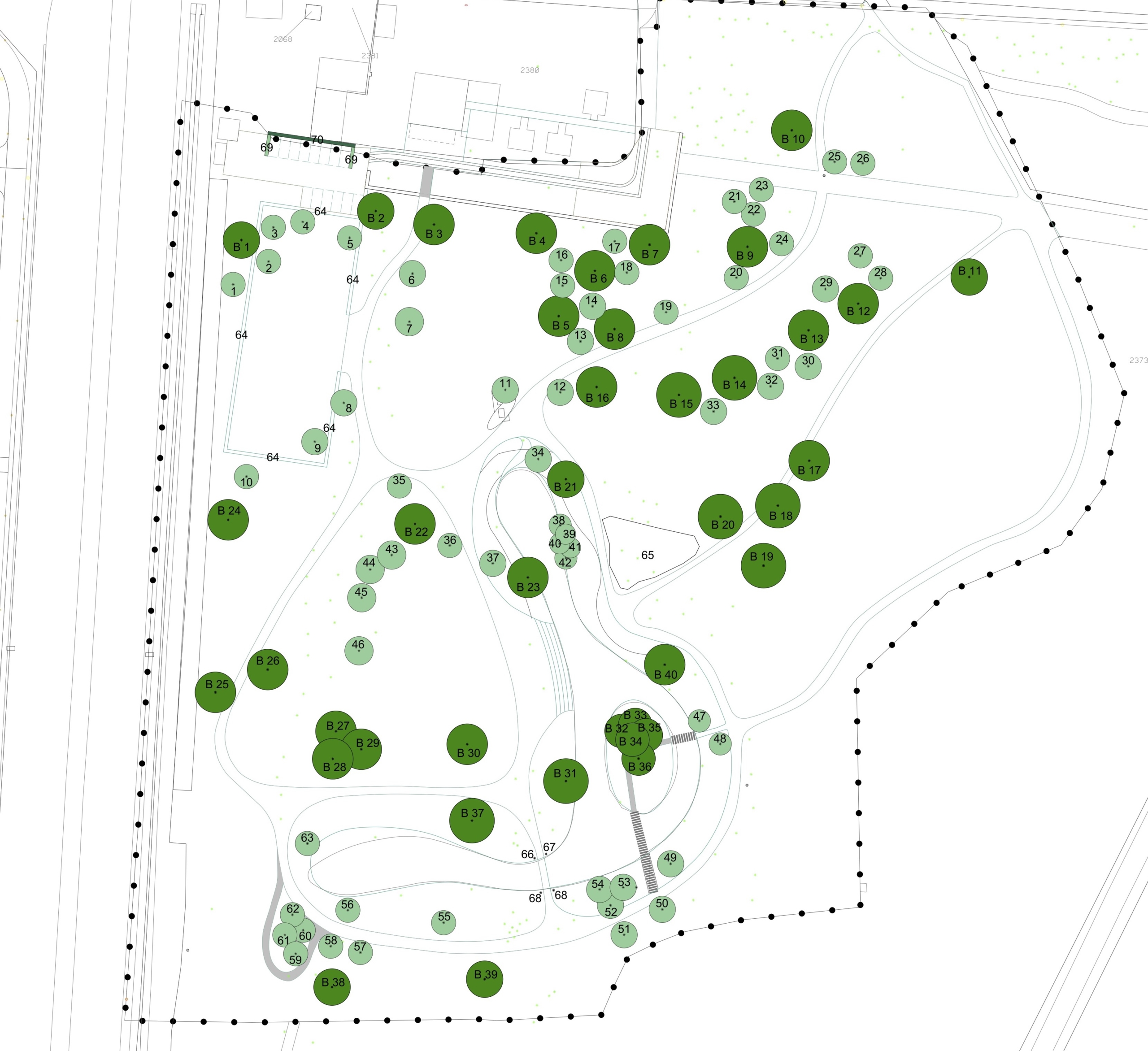 Kaart van groene bomen in parkontwerp plan.