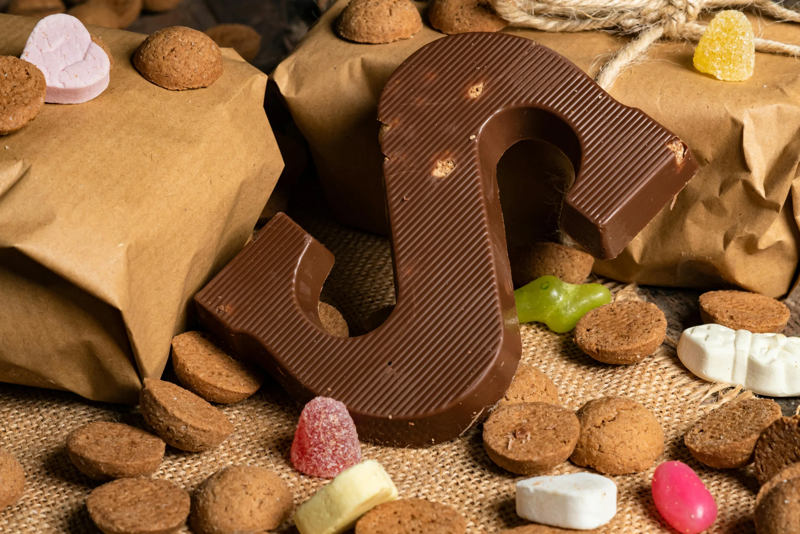 Chocoladeletter met pepernoten en snoepjes op tafel
