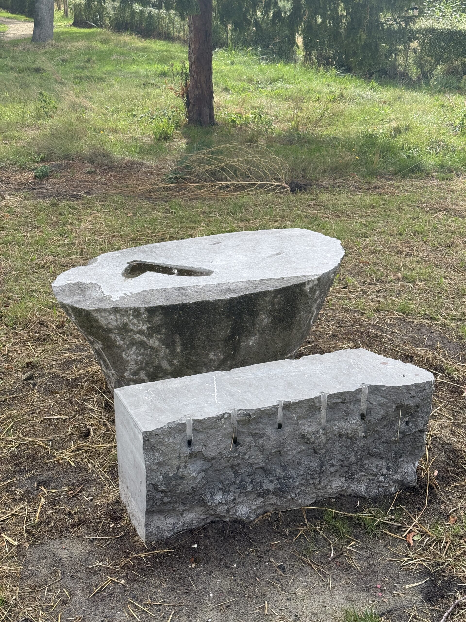 Twee stenen sculpturen in natuurlijk landschap - Bergen op Zoom