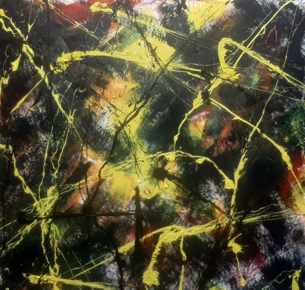 Abstracte kleurrijke schilderij met gele lijnen - Bergen op Zoom